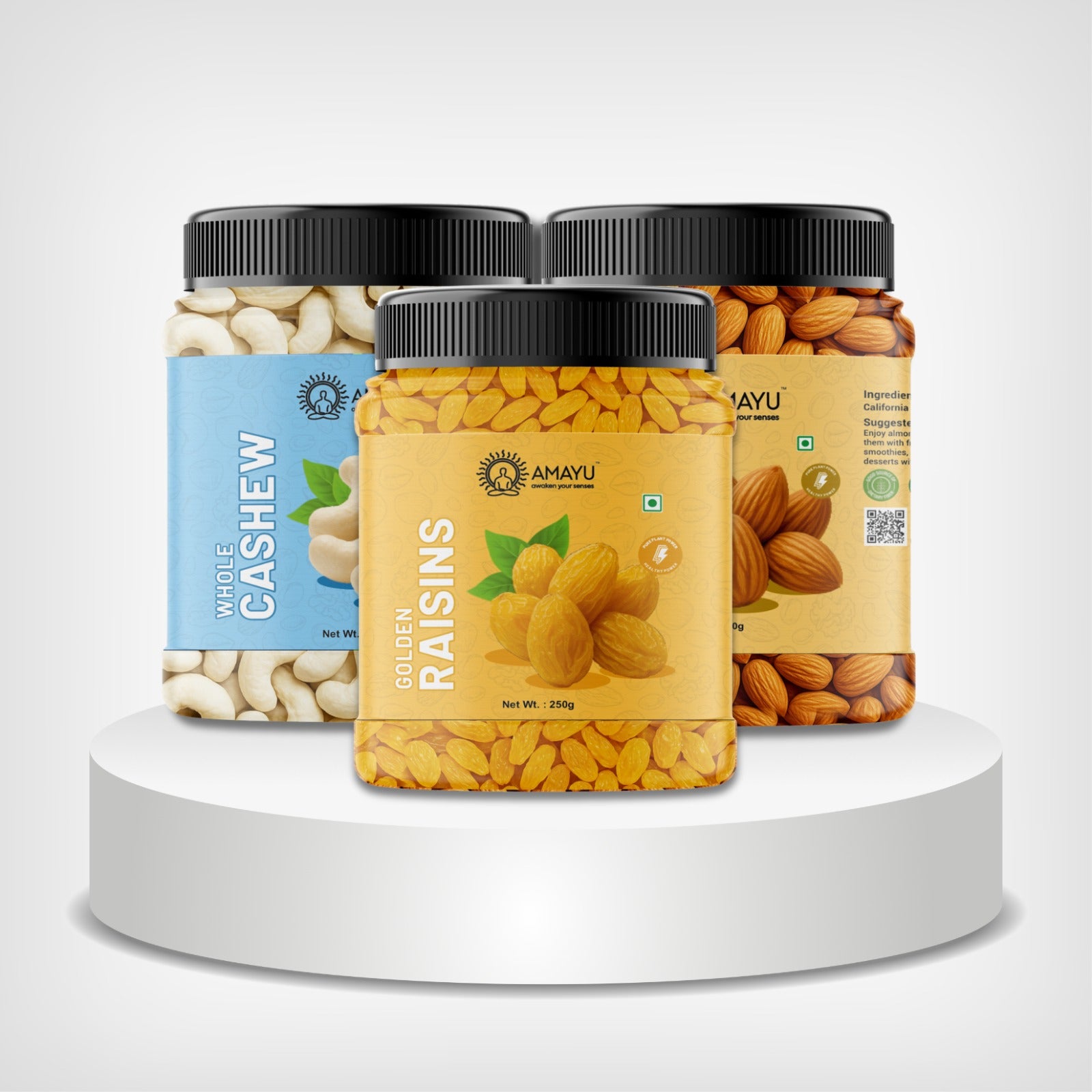 AMAYU Whole Cashews, California Almonds and Golden Raisins Combo 250g