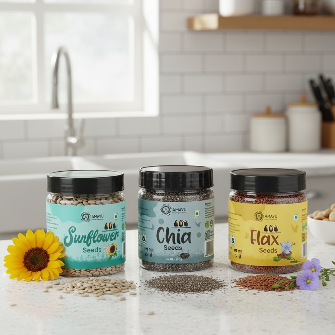AMAYU Chia Seeds, Flax Seeds And Sunflower Seeds Combo