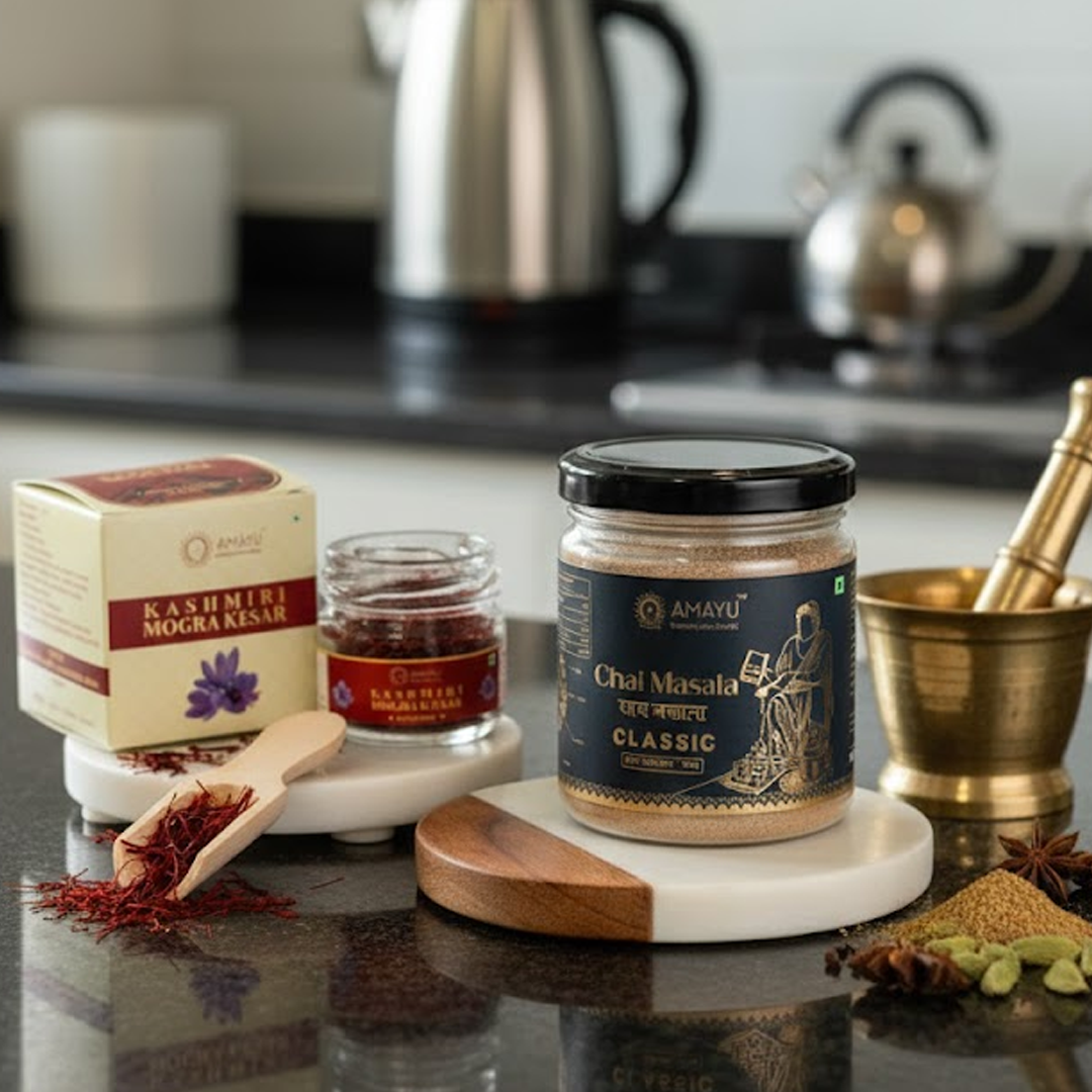 Amayu Original Kashmiri Mogra Kesar (0.5g) + Classic Chai Masala (100g) Combo