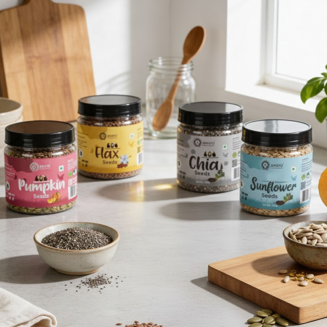 AMAYU Chia Seeds, Pumpkin Seeds, Sunflower Seeds And Flax Seeds Combo
