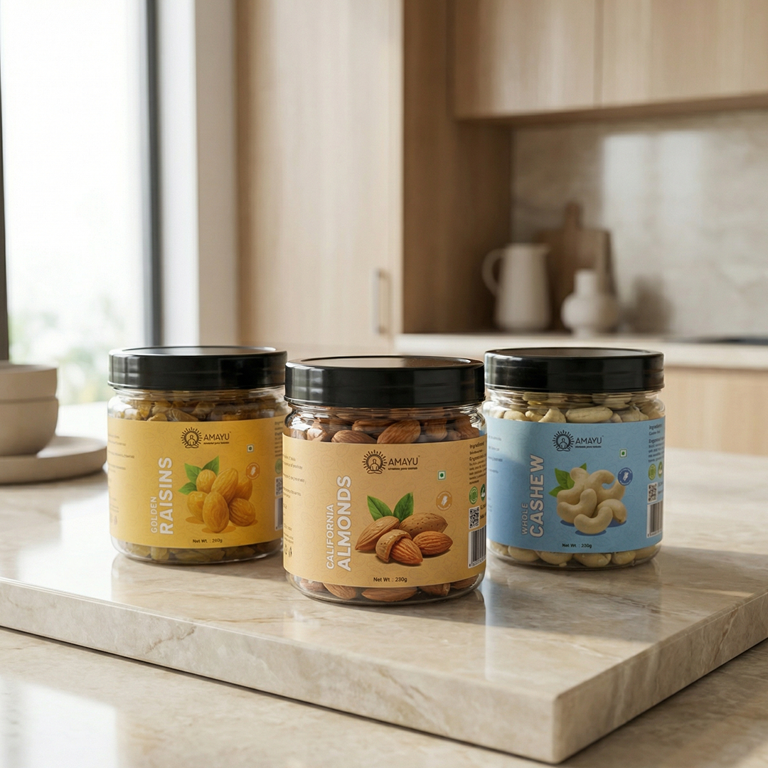 AMAYU Whole Cashews, California Almonds and Golden Raisins Combo
