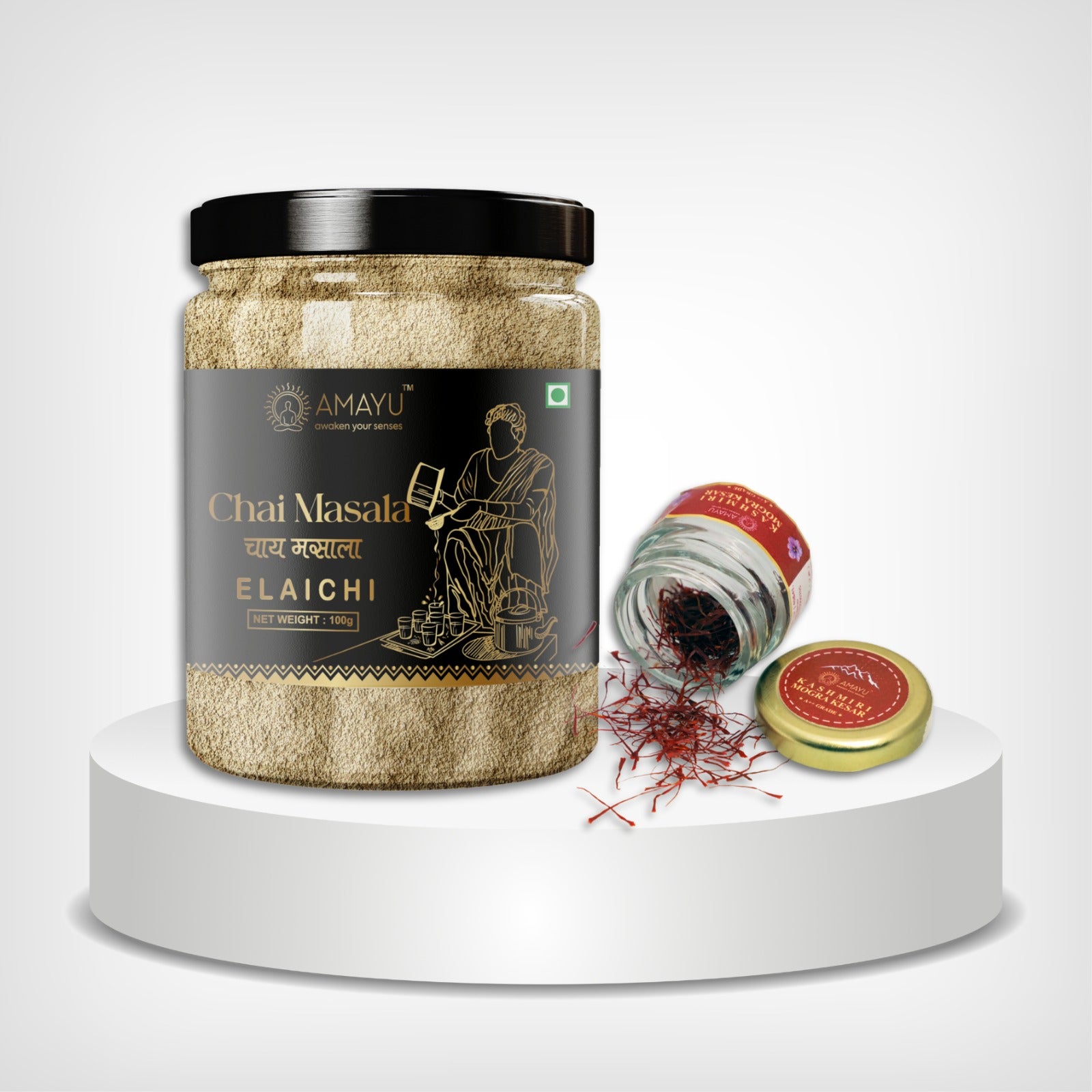 Amayu Original Kashmiri Mogra Kesar (0.5g) + Elaichi Chai Masala (100g) Combo